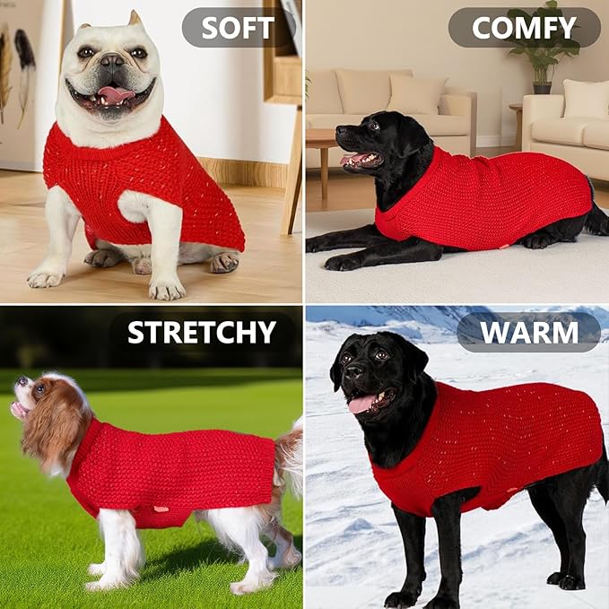 KYEESE Dog Christmas Sweater with Leash Hole Warm Pullover with Reflective Yarn for Small and Medium Dogs Male Soft Knit Pullover Boy Dog Coats Cozy Lightweight Thick Sweater,Red,Medium