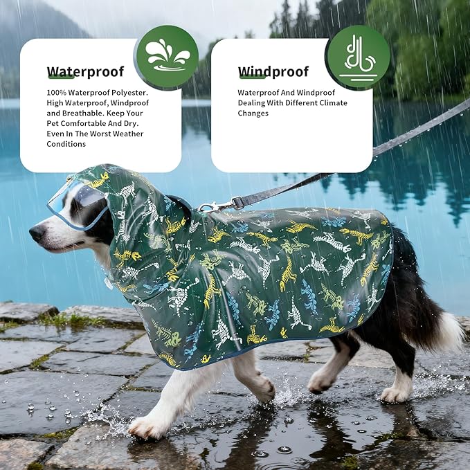Dog Raincoat, Waterproof Windproof Dog Rain Jacket with Hood, Rain Coat with Leash Hole, Adjustable Raincoat Poncho for Small Medium Large Dogs Outdoor (Green, Small)