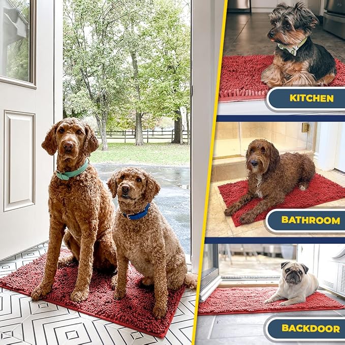 Muddy Mat® Shown on TV – Super Absorbent Microfiber Dog Door Mat for Muddy Paws, Non-Slip Washable Pet Rug, Quick Dry Chenille Entryway Carpet, Machine Washable Indoor Outdoor mat, Red 28"x18"