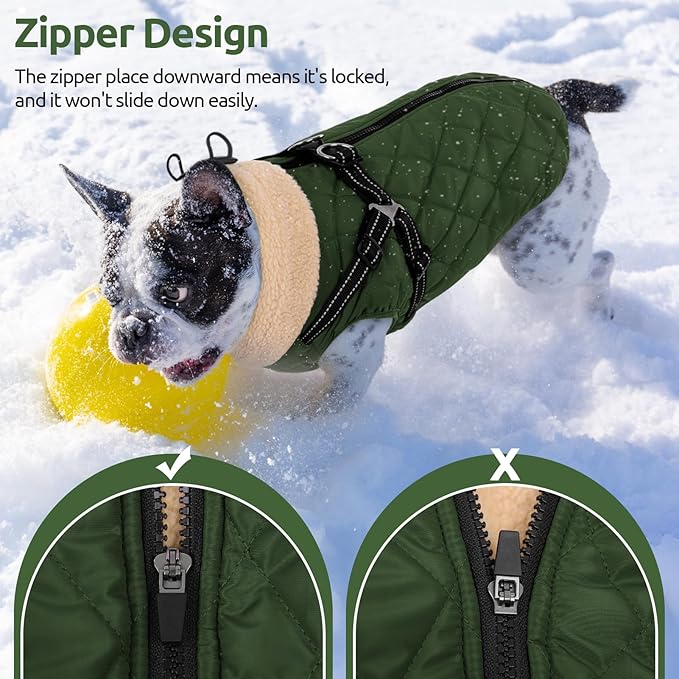 Queenmore Dog Jackets for Medium Dogs, Dog Coat with Harness Built in, Waterproof Pet Winter Coat with Zipper On Back Doggy Snowsuits Warm Pet Jacket for French Bulldog, Poodle, Corgi, ArmyGreen M