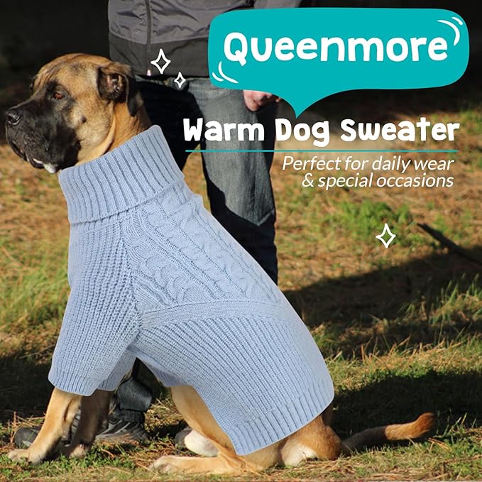 Queenmore Dog Sweater, Puppy Sweater for Small Dogs,Warm Winter Fall Dog Sweaters for Dog Girls Boys, Solid Turtleneck Knit Sweater for Large Medium Dogs,Long Sleeves Christmas Dog Sweater Blue,M