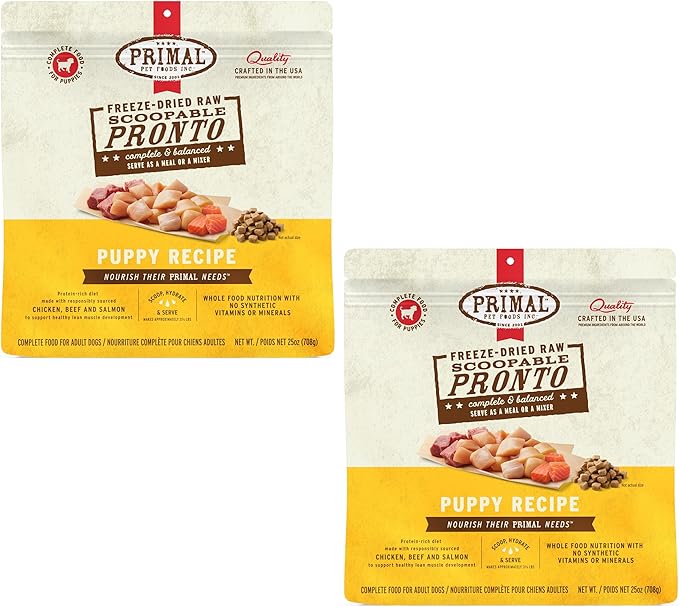 Primal Freeze Dried Puppy Dog Food, Pronto Mini Nuggets; Scoop & Serve, Complete & Balanced Meal; Also Use As Topper or Treat; Premium, Healthy, Grain Free, High Protein Raw Dog Food (25 oz,Pack of 2)