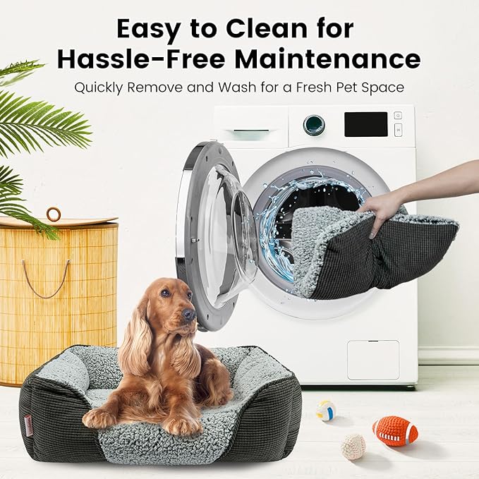 Miguel Washable Dog Bed with Removable Cushion for Medium Small Dogs, Easy to Wash Pet Sofa Bed with Side, Rectangle Bolster Cat Bed Calming Cuddle Puppy Bed with Anti-Slip Bottom, Gray 25 Inch
