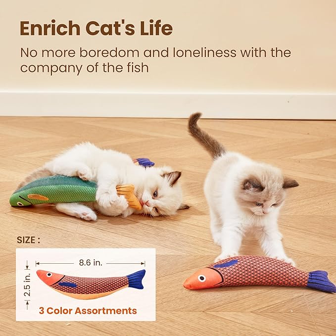 Potaroma Cat Toys Saury Fish, 3 Pack, Catnip Crinkle Sound, Soft and Durable, Interactive Kitten Kicker for Indoor Kitty Exercise 9.4 Inches for All Breeds