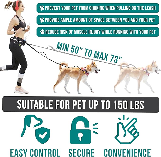 PetAmi Hands Free Dog Leash, Dog Running Leash Belt Bag for Walking, Jogging, Dog Waist Double Zipper Pouch with Poop Bag Dispenser, Dual Padded Handles Reflective Bungee Leash, Single (Black)