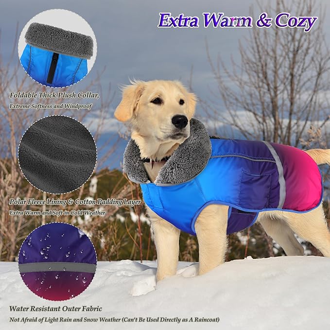Dogcheer Warm Dog Coat, Waterproof Dog Winter Jacket Christmas Puppy Cold Weather Coats with Buckle, Reflective Adjustable Pet Snow Jacket for Small Medium Large Dogs - Gradient Blue-red, 3XL