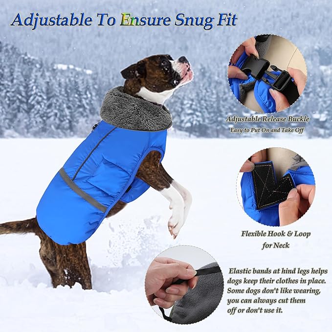 Dogcheer Warm Dog Coat, Waterproof Dog Jacket Christmas Puppy Winter Coat with Buckle, Reflective Adjustable Pet Snow Jacket Turtleneck Fleece Sweater for Small Medium Large Dogs - Blue, M