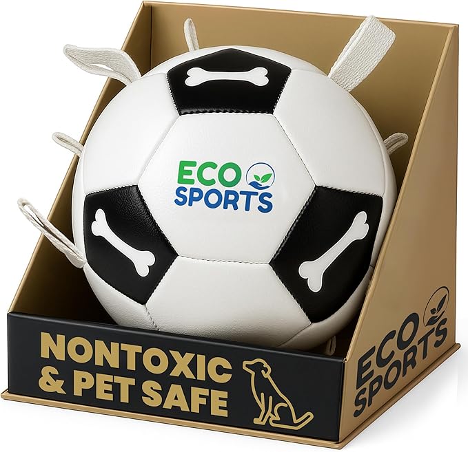 Eco Sports Dog Soccer Ball with Straps – Interactive Durable Dog Soccer Ball with Cotton Grab Tabs for Fetch Training and Outdoor Play, Pet Birthday Gift