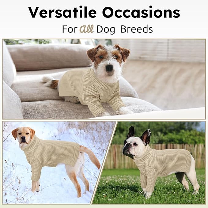 Queenmore Large Dog Sweater, Plaid Dog Sweaters for Large Dogs, Turtleneck Pet KintSweater with Check Pattern, Long Sleeve Holiday Pet Knitwear, Solid, Apricot L