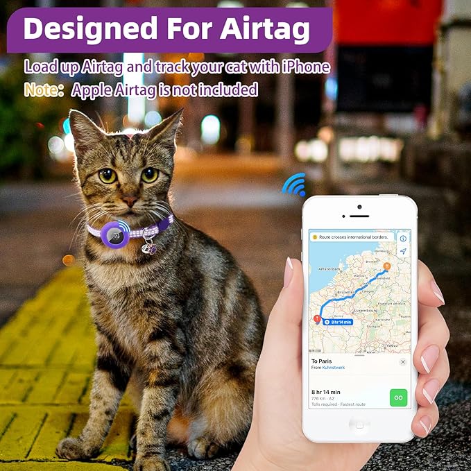 PUPTECK Airtag Cat Collar Breakaway 2 Pack with Bells, Reflective Kitten Collar with Air Tag Holder for Boy Girl Kitty and Puppies, Soft, Purple