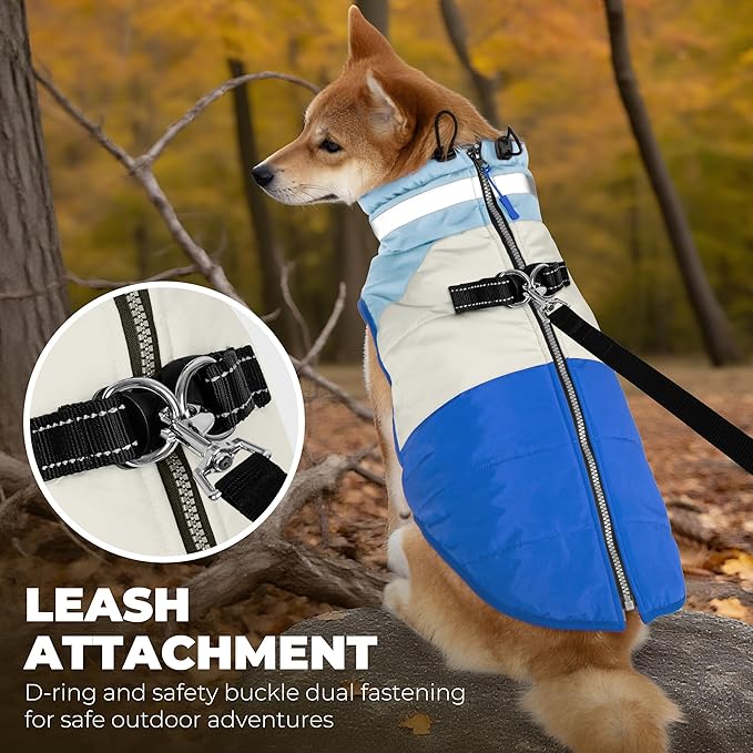 Dog Coats for Small Dogs, Waterproof Warm Dog Winter Jacket with Harness Built in, Reflective Puppy Cold Weather Coats Zip-up Pet Vest with Fleece Lined Dogs Snowsuit, Blue Small