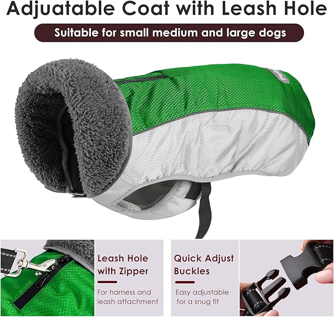 Dog Coat, Waterproof Ripstop Dog Winter Jacket with Leash Hole, Reflective Adjustable Warm Pet Fleece Snow Sweater for Small Medium Large Dogs - Green, L