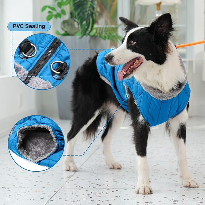 Warm Fleece Dog Coats with Durable Harness Buitl in D-Ring,Waterproof Doggie Jacket for Large Dogs,Dog Vest for Cold Winter,Light Blue XXL