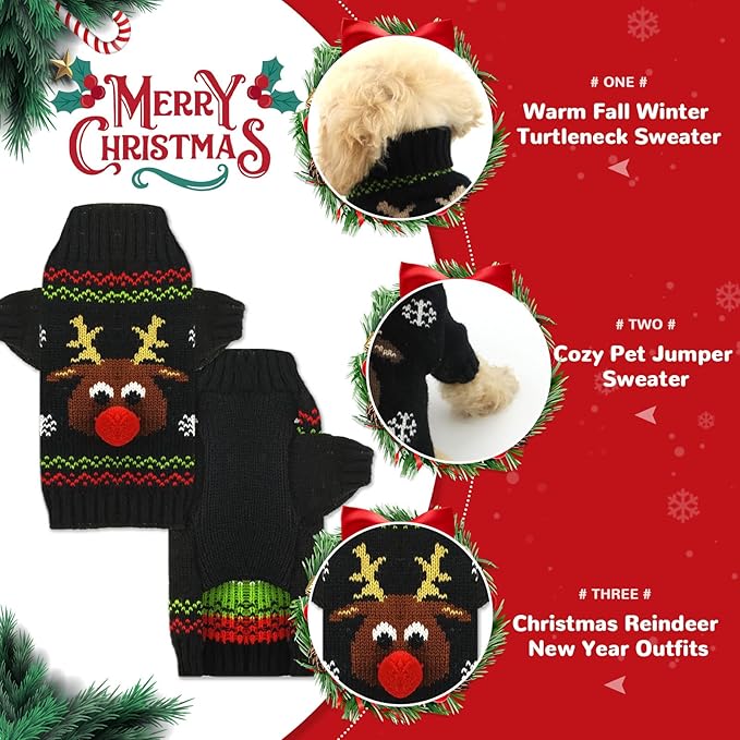 PETCARE Dog Christmas Sweater Black Ugly Funny Cute Cartoon Reindeer Cat Sweaters Jumper Holiday Dog Clothes Puppy Sweaters for Small Medium Large Dogs Fall Winter Outfits Xmas Dogs Costume,Small