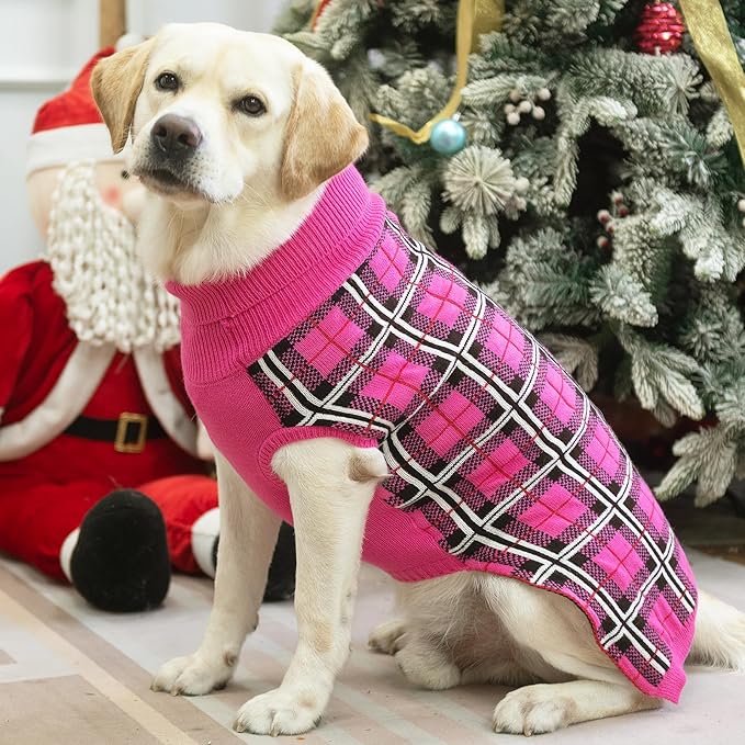 PUPTECK Dog Sweaters for Large Medium Small Dogs - Fall Classic Plaid Style Puppy Holiday Winter Coat Clothes Warm, Fuschia, XL