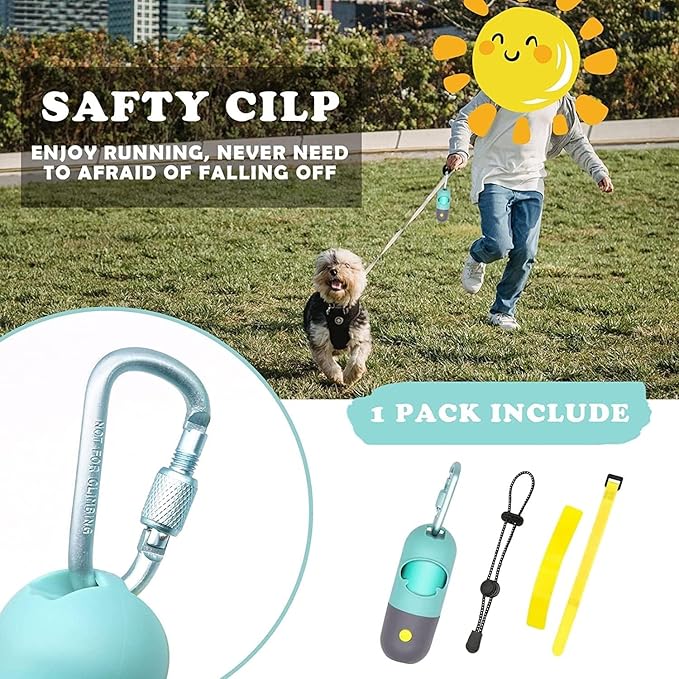 Dog Poop Bag Holder Dispenser with LED Flashlight - Night Visibility for Safe Evening Walks | Upgraded Hands-Free Leash Clip | Includes 15 Dog Waste Bags(Crystal Blue)
