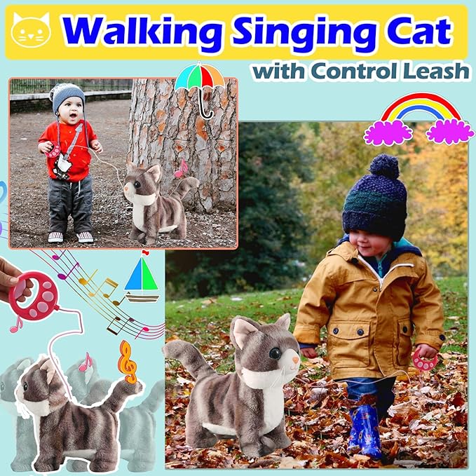 Gray Walking Cat Set Singing That Purrs and Meows Animated Plush Robot Kitten with Leash Moving Plush Stuffed Animal Remote Control Cute Kawai Robotic Kitty Electronic Kitten Toy for Girl Kid