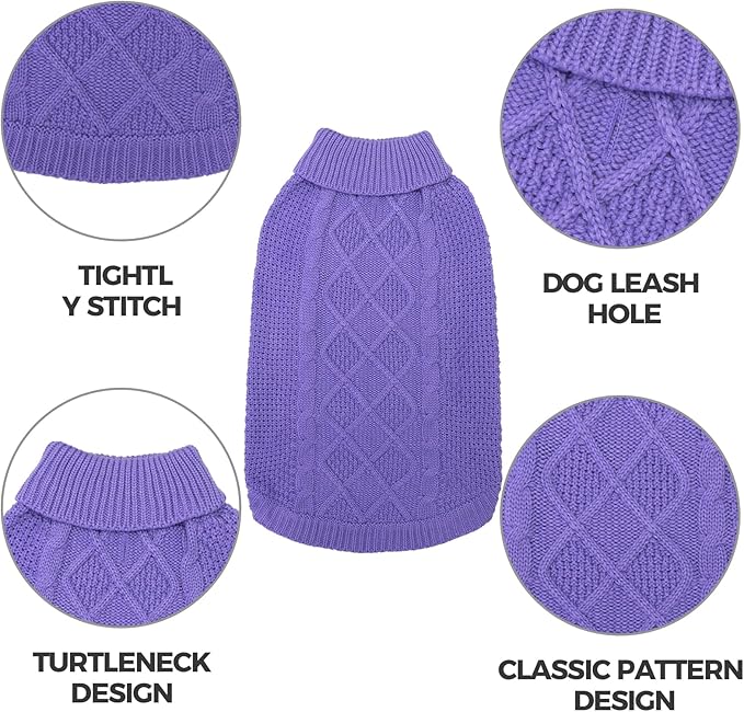 Mihachi Turtleneck Dog Sweater - Winter Coat Apparel Classic Cable Knit Clothes with Leash Hole for Cold Weather, Ideal Gift for Pet in New Year Light Purple ML
