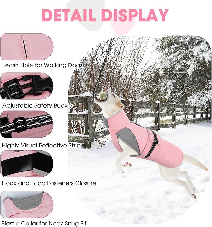 Nanaki Warm Fleece Lined Furry Collar Winter Coats Jackets Vests for Dogs, Waterproof Reflective Dog Snowsuit with Leash Hole Outdoor Walking Hunting, Easy On Pullover Medium Dog Puppy Coat Pink XL