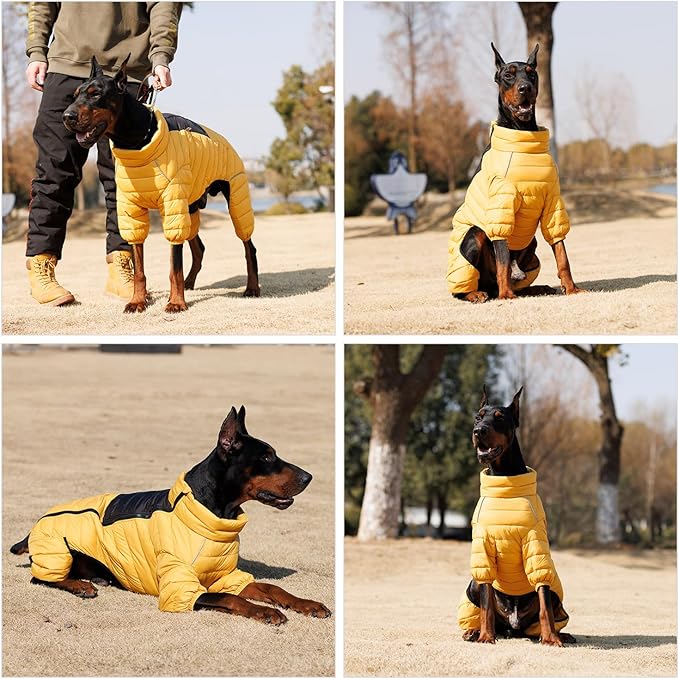 Lovelonglong Dog Coat Dog Warm Jacket, 4 Legs Covered Waterproof Windproof Reflective Warm Dog Vest, Zippered Adjustable Outdoor Dog Snow Jacket for Small Medium Large Dogs Yellow XXXL