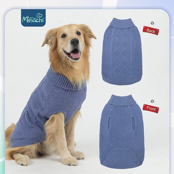 Mihachi Turtleneck Dog Sweater - Winter Coat Apparel Classic Cable Knit Clothes with Leash Hole for Cold Weather, Ideal Gift for Pet in New Year Grayish Blue XS