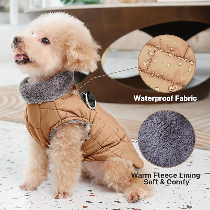 Warm Fleece Dog Coats with Durable Harness Buitl in D-Ring,Waterproof Puppy Jacket for Small Dogs,Dog Vest for Cold Winter,Burnished Khaki M