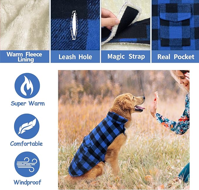 Malier Classic Plaid Fleece Dog Jacket with Pocket - Windproof Warm Coat for Small to Large Dogs (Blue, XXX-Large)