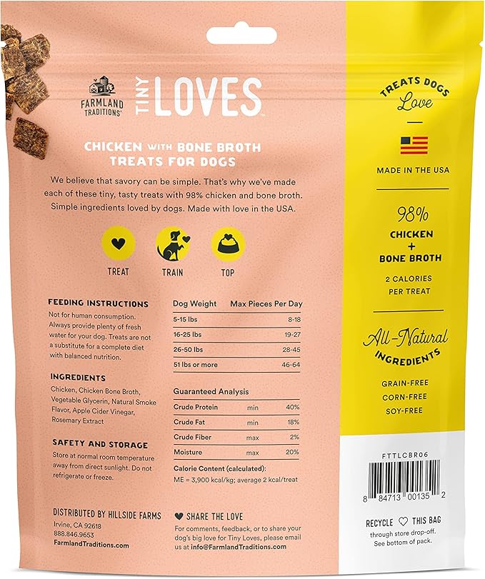 Farmland Traditions Tiny Loves Jerky Trainer Treats for Dogs w/Bone Broth (Chicken, 6 oz.) (Pack of 2)