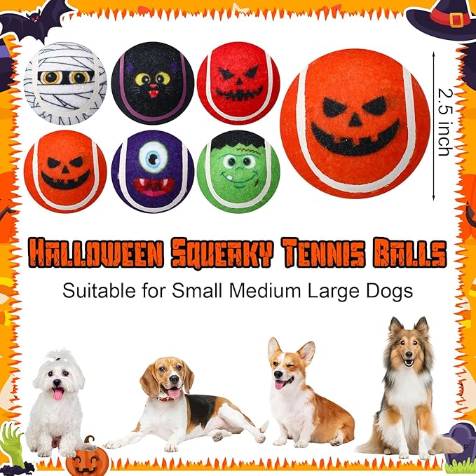 Civaner 6 Pcs Halloween Dog Toys Bulk, 2.5 Inch Squeaky Tennis Balls for Small Medium Large Dogs Pets Puppy Chew Teething Toy Interactive Training Gifts Xmas Stocking Stuffers