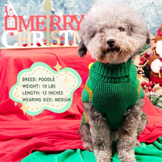 cyeollo Dog Sweater Dog Christmas Sweaters with Leash Hole Glitter Turtleneck Holiday Dogs Winter Clothes for Cold Weather Pet Sweaters for Small Dogs