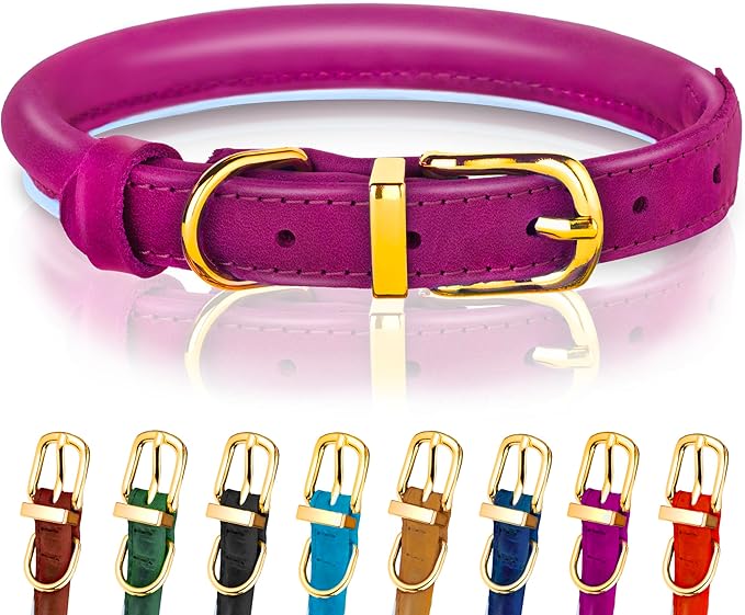 OOPSDOGGY Reflective Rolled Leather Dog Collar Adjustable Soft Padded Pet Collar for Small Medium Large Breed Dogs (Pink, XXS, 7"-9")