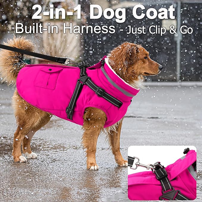 Dogcheer Dog Coat with Harness, Waterproof Warm Dog Winter Jacket with Pockets, Reflective Pet Fleece Jacket Turtleneck Snowsuit for Small Medium Large Dogs - Pink, M