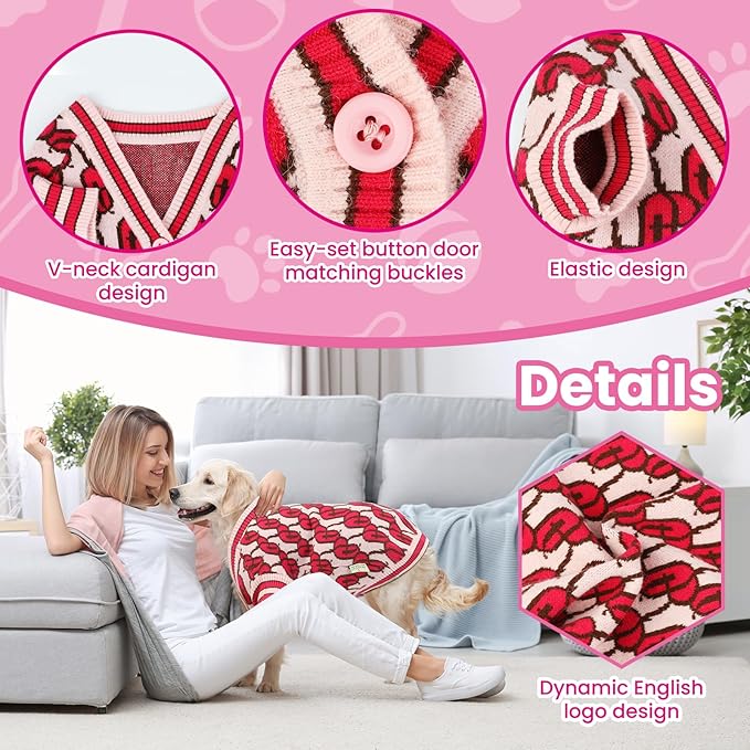 Pet Sweaters for Dogs Boys and Girls, Dynamic Letter Patterned Dog Sweater,Dog Cardigan,Pet Clothes,Pet Knitted Clothing,Fit for Different Seasons and Kinds of Dogs(Pink XL)