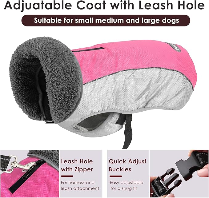 Dog Coat, Waterproof Ripstop Dog Winter Jacket with Leash Hole, Reflective Adjustable Warm Pet Fleece Snow Sweater for Small Medium Large Dogs - Pink, 2XL