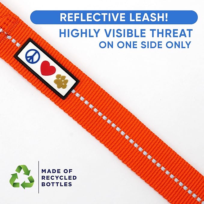 Pawtitas 6 FT Recycled Dog Leash With Reflective Stitched Thread - Small, Made From Plastic Bottles Collected From Oceans - Orange