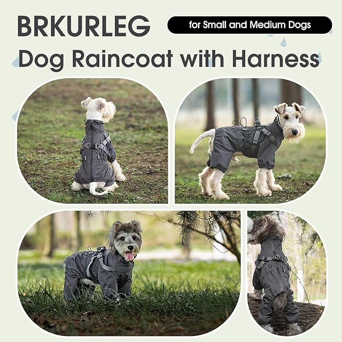 BRKURLEG Dog Raincoat with Harness for Small Dogs, Adjustable Waterproof Dog Rain Jacket, Reflective Rainproof Puppy 4 Legs Raincoat, Full Body Pet Rain Jacket, Dark Grey, S