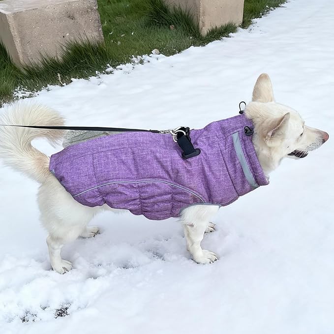 Malier Dog Coat, Reflective Dog Jacket Waterproof Windproof Puppy Cold Weather Coats with Harness Built in, Winter Extra Warm Pet Coat Fleece Vest for Small Large Pets and Puppy (Purple, XXX-Large)