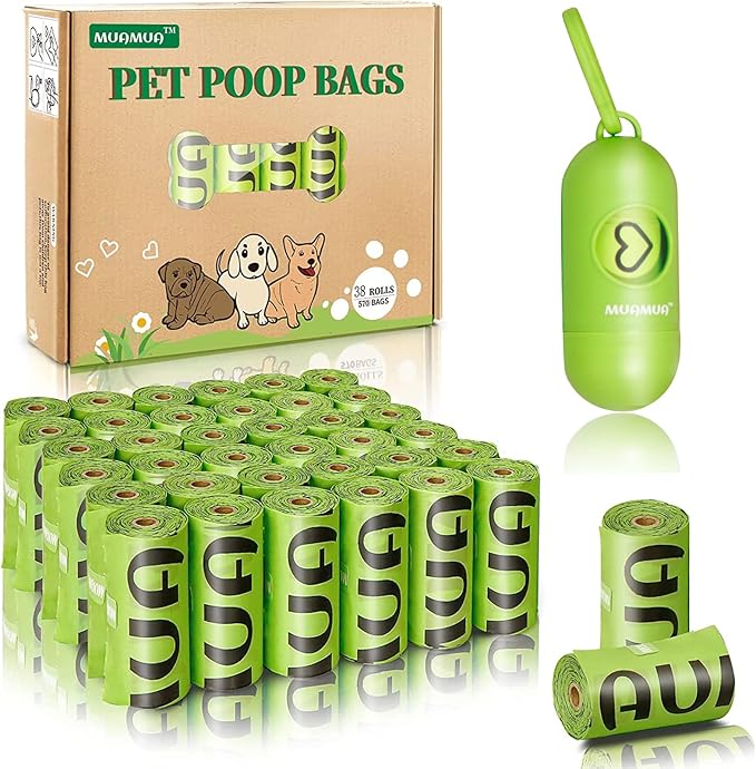 MUAMUA Dog Poop Bag Rolls 570 Count with Dispenser, Biodegradable Unscented Pet Waste Bags, Guaranteed Extra Thick, Leak Proof Doggie Refill Bags for Easy Cleanup, Big Size 9 x 13 Inches