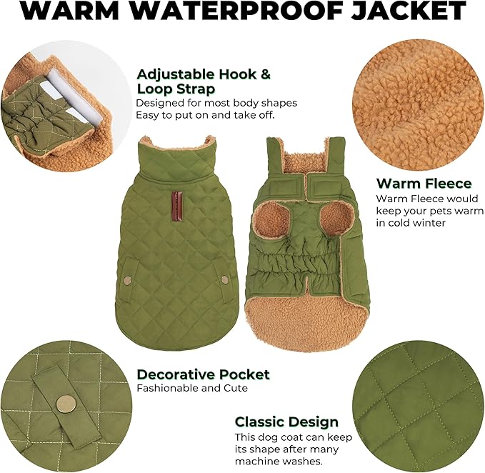 Dog Winter Coat, Dog Jacket with Warm Fleece Lined, Waterproof Windproof Dogs Cold Weather Coats Clothes for Puppy Dogs Snowsuit with Leash Hole, Green Small