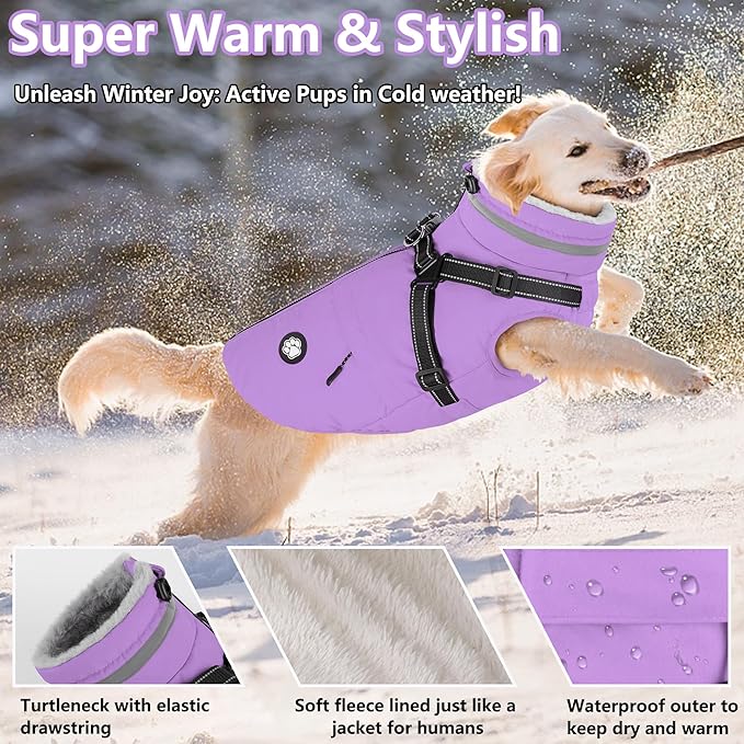 Dogcheer Dog Coat with Harness, Waterproof Dog Jacket, Reflective Puppy Winter Jacket with Pocket, Doggy Turtleneck Fleece Vest for Small Medium Large Dogs - Taro Purple, L
