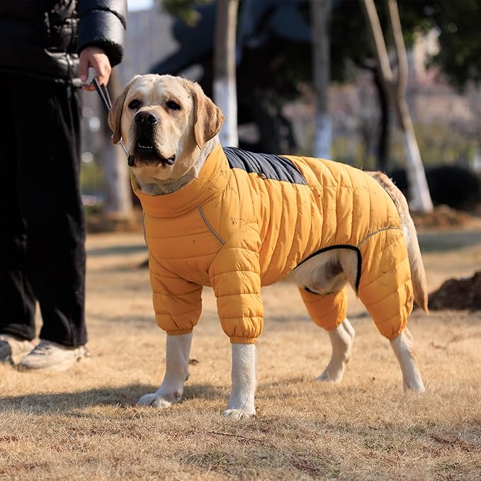 Lovelonglong Dog Coat Dog Warm Jacket, 4 Legs Covered Waterproof Windproof Reflective Warm Dog Vest, Zippered Adjustable Outdoor Dog Snow Jacket for Small Medium Large Dogs Yellow XL