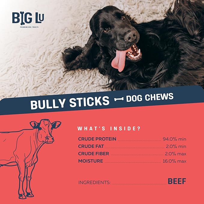 Big Lu - 6” Regular Bully Sticks, 12 Count, 100% Grass-Fed Beef Chews, Fully Digestible, Long-Lasting Treats for Aggressive Chewers, Natural Single-Ingredient Chews for All Dog Breeds