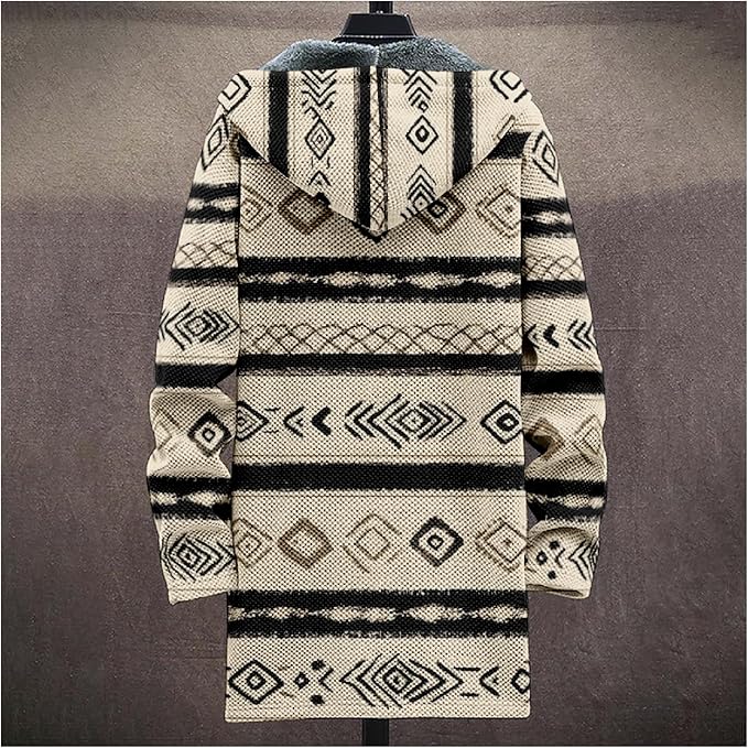 Mens Aztec Print Hoodie Heavyweight Cotton Fleece Jacket Zip Up Warm Long Sleeve Hooded Winter Midi Coat