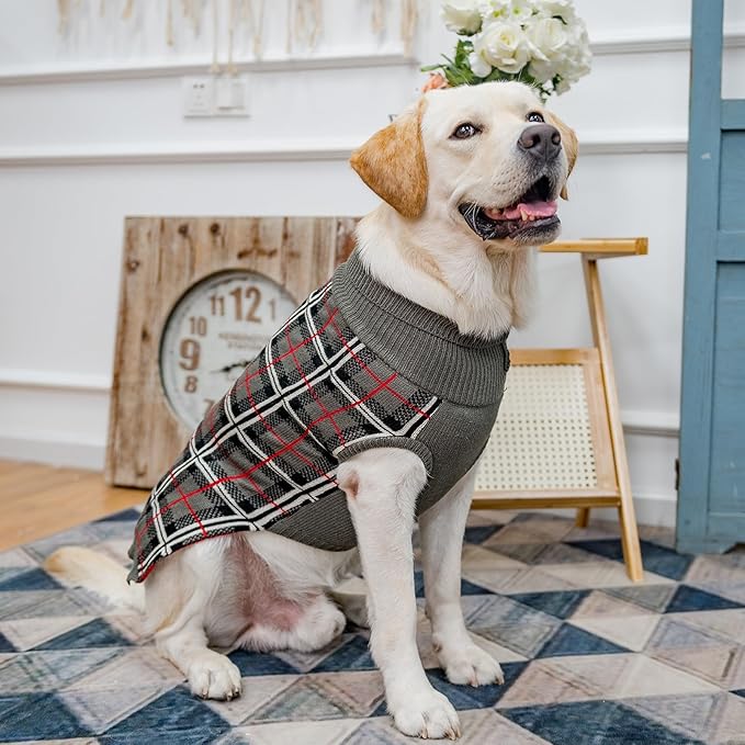 PUPTECK Dog Sweaters for Large Medium Small Dogs - Fall Classic Plaid Style Puppy Holiday Winter Coat Clothes Warm, Grey, ML
