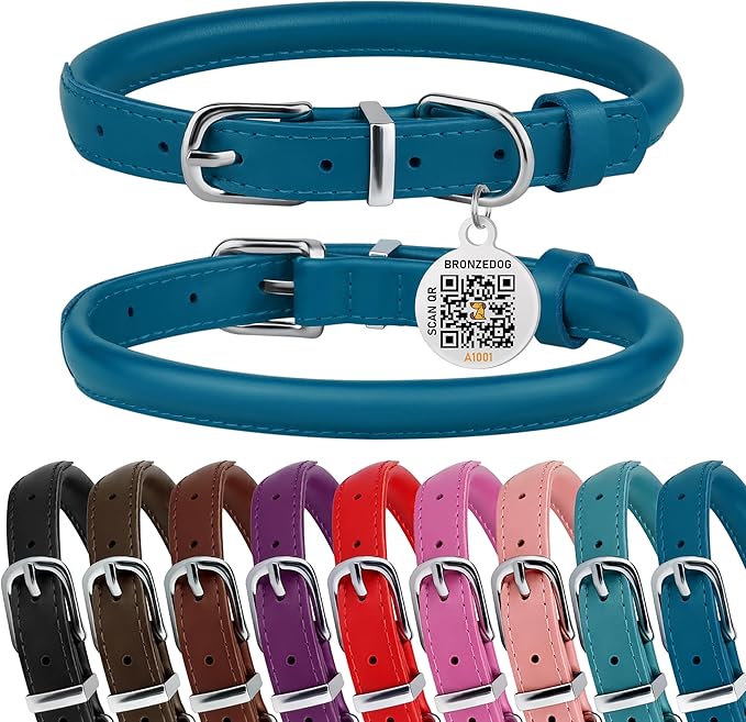 BRONZEDOG Rolled Leather Dog Collar for Small Medium Large Dogs with QR ID Tag (L: 16-18 Inch, Ocean Blue)
