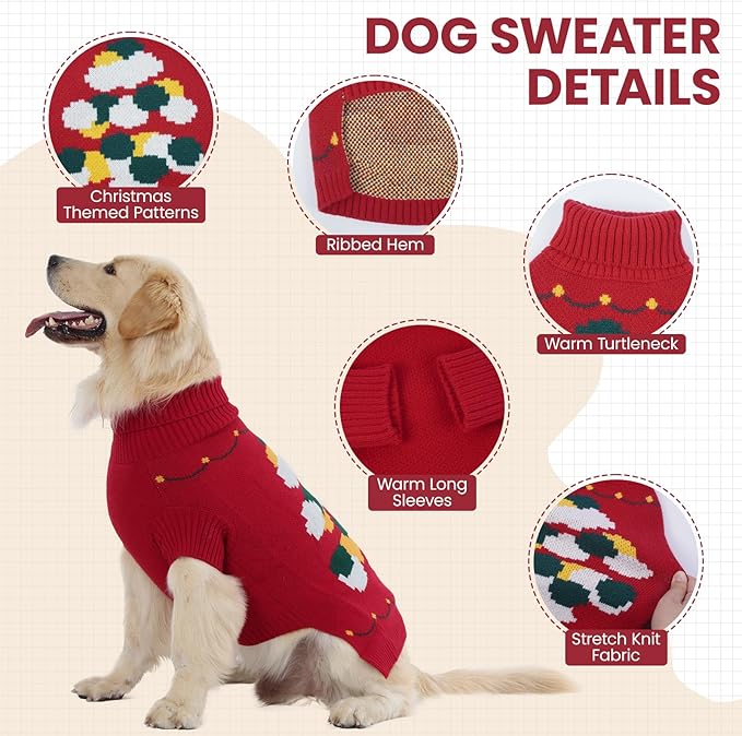BRKURLEG Christmas Dog Sweaters for Cold Weather, Warm Turtleneck Large Dogs Sweaters, Dog Pullover Knitted Sweatshirt, Pet Xmas New Year Outfit for Labrador, Dalmatian (Red, XXL)