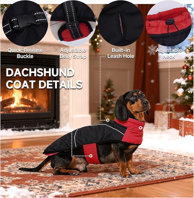 DORA BRIDAL Dachshund Coat, Fleece Lined Dog Winter Coat, Warm Dog Coats with Reflective Strips, Adjustable Waterproof Pet Jacket Clothes, XS