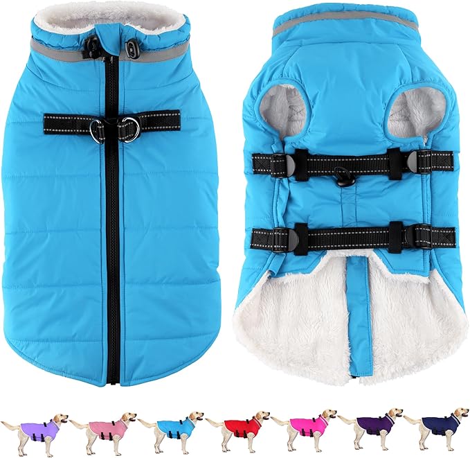 Dogcheer Dog Coat with Harness, Waterproof Dog Jacket Adjustable Pet Winter Coat with Zipper, Christmas Puppy Snow Jacket Fleece Sweater for Small Medium Large Dogs - Sky Blue L