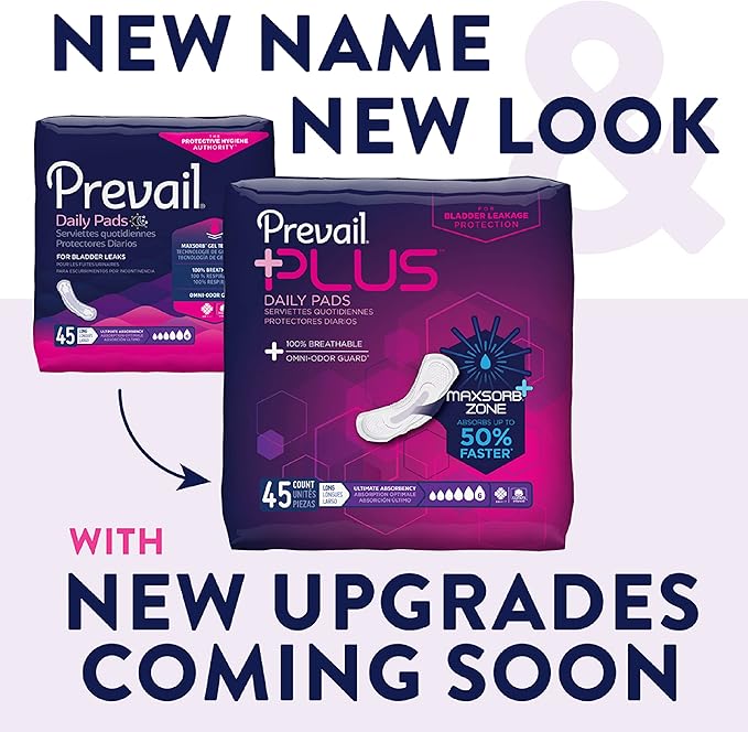 Prevail Plus | Long Length Incontinence Bladder Control Pads | Ultimate Absorbency | 90 Count (2 packs or 45)