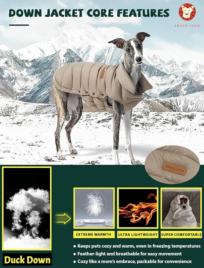 SPACE LION Dog Puffer Jacket, Down Winter Coat, Durable Outdoor Coat for Cold and Windy Conditions, Waterproof, Lightweight Jacket, Adjustable Fit for Small, Medium, Large Dogs(Camel,24/2XL)